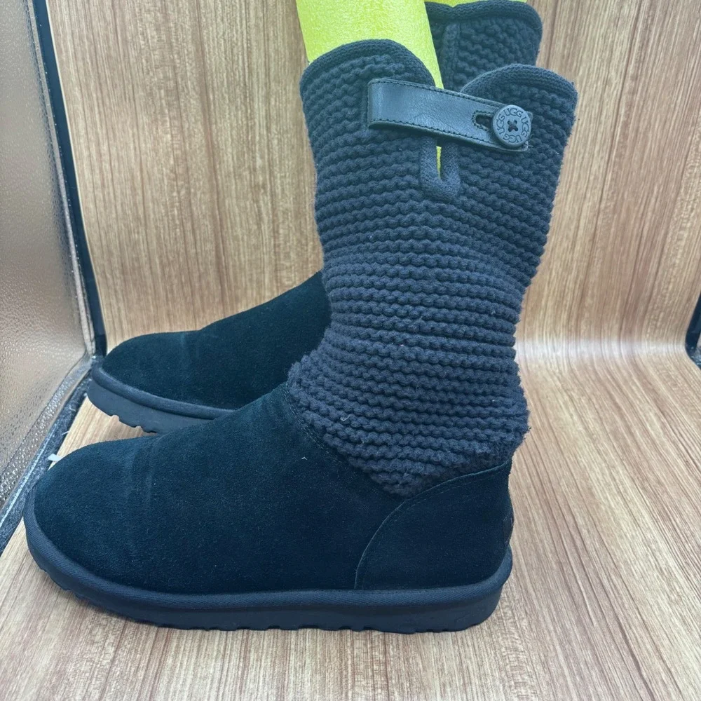UGG Shaina Sweater Suede Boots Black Womens 11 Mid Calf Fold Down 1012534